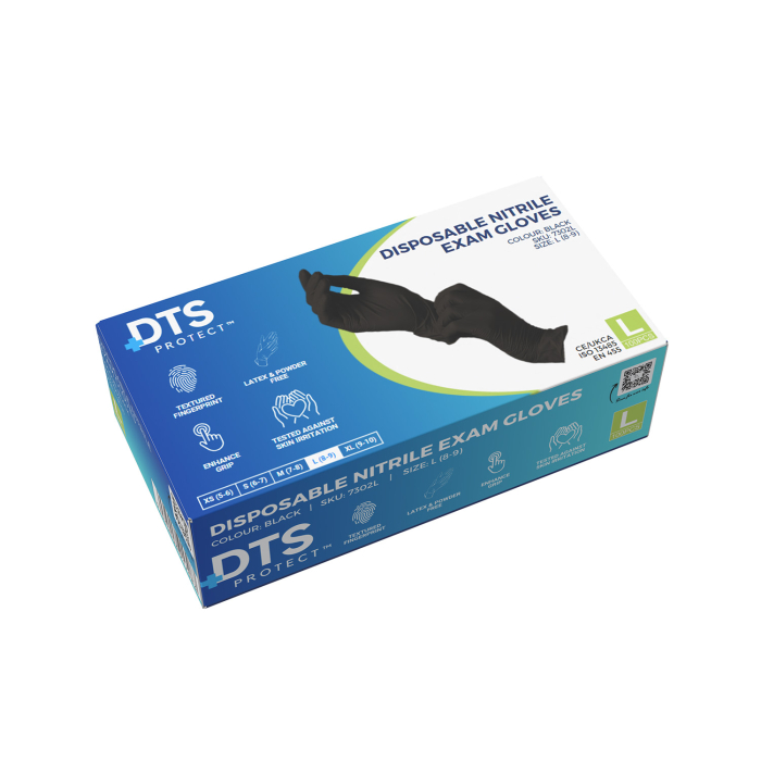 Box of 100 DTS Black Nitrile Gloves - Case of 10 
