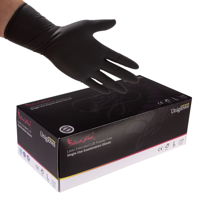 Confezione da 100 guanti in lattice nero Unigloves Select Black - Polsino lungo