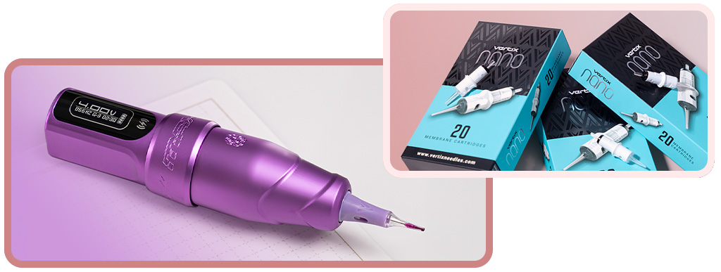 Macchina per trucco permanente viola e cartucce Vertix Nano in confezione blu e nera